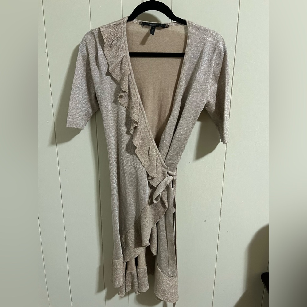BCBG Max Azria size small rose gold shimmer metallic ruffle self tie wrap dress